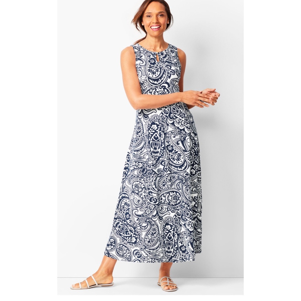 Talbots Knit Jersey Maxi Dress, Blue and White Paisley, Size SP